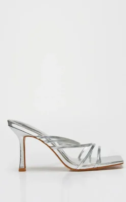 Silver PU Square Toe Multi Cross Strap Detail Mid Heeled Mules