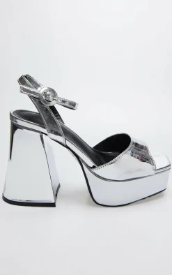 Silver PU Strap Detail Flare Platform Heeled Sandals