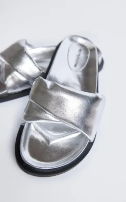Silver Real Leather Round Toe Cross Strap Footbed Sandals