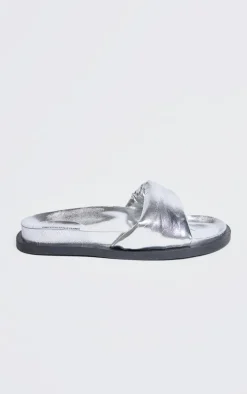 Silver Real Leather Round Toe Cross Strap Footbed Sandals