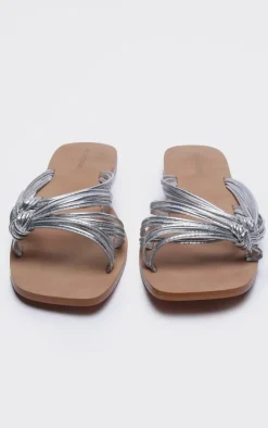 Silver Real Leather Square Toe Knotted Strap Flat Sandals