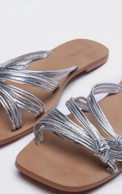 Silver Real Leather Square Toe Knotted Strap Flat Sandals