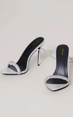 Silver Round Diamante Plaited Strap Barely There Lace Up Sandals