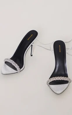 Silver Round Diamante Plaited Strap Barely There Lace Up Sandals