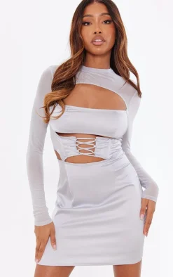 Silver Satin Lace Up Corset Mesh Sleeve Bodycon Dress