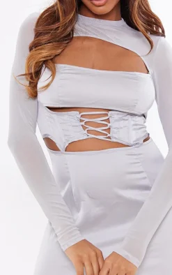 Silver Satin Lace Up Corset Mesh Sleeve Bodycon Dress