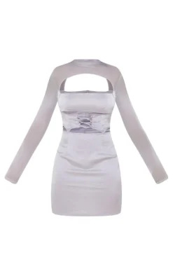 Silver Satin Lace Up Corset Mesh Sleeve Bodycon Dress