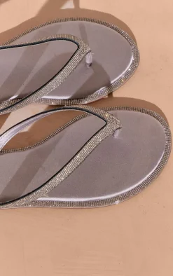 Silver Satin Round Toe Thong Diamante Trim Flat Sandals