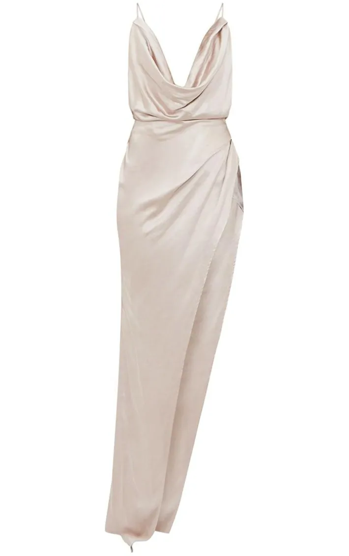 Silver Satin Strappy Cowl Neck Maxi Dress