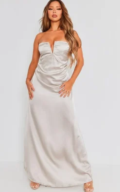 Silver Satin V Bar Floaty Bandeau Maxi Dress