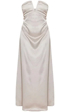 Silver Satin V Bar Floaty Bandeau Maxi Dress