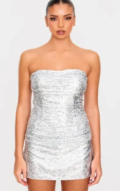 Silver Sequin Bandeau Mini Shift Dress