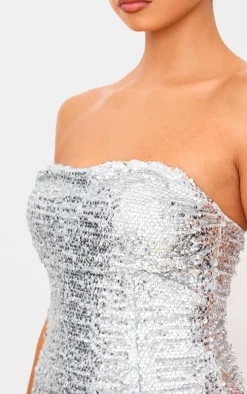 Silver Sequin Bandeau Mini Shift Dress