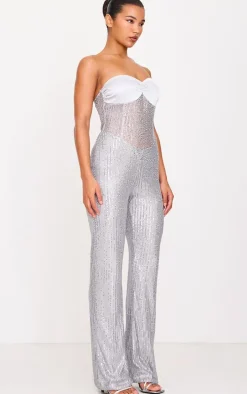 Silver Sequin Bandeau Sheer Panel Jumpsuit