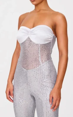 Silver Sequin Bandeau Sheer Panel Jumpsuit