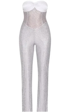 Silver Sequin Bandeau Sheer Panel Jumpsuit