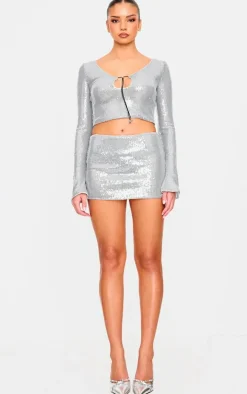 Silver Sequin Bodycon Micro Mini Skirt