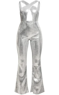 Silver Sequin Cross Cut Out Wide Leg Jumpsuit