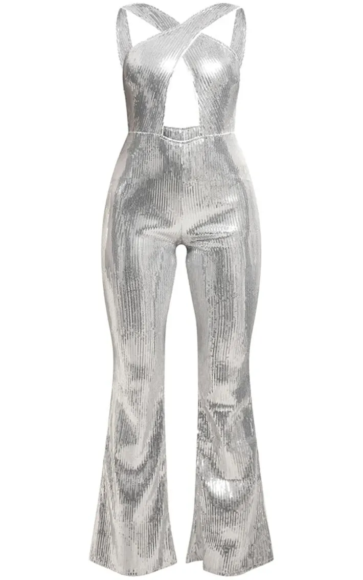 Silver Sequin Cross Cut Out Wide Leg Jumpsuit
