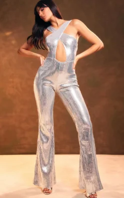 Silver Sequin Cross Cut Out Wide Leg Jumpsuit