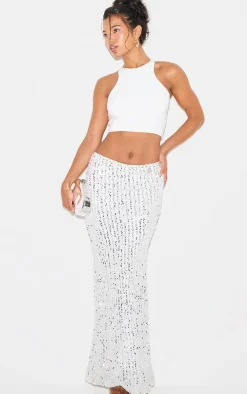 Silver Sequin Embellished Low Rise Drapey Maxi Skirt