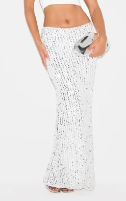 Silver Sequin Embellished Low Rise Drapey Maxi Skirt
