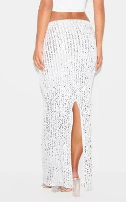 Silver Sequin Embellished Low Rise Drapey Maxi Skirt