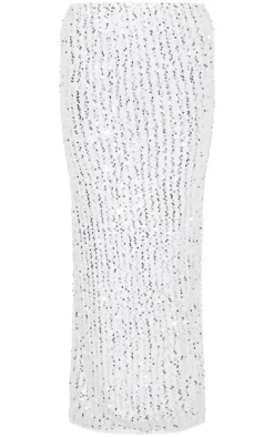 Silver Sequin Embellished Low Rise Drapey Maxi Skirt