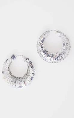 Silver Sequin Flare Large Hoop Earrings