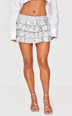 Silver Sequin Frilly Tiered Mini Skirt