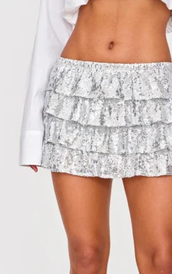Silver Sequin Frilly Tiered Mini Skirt
