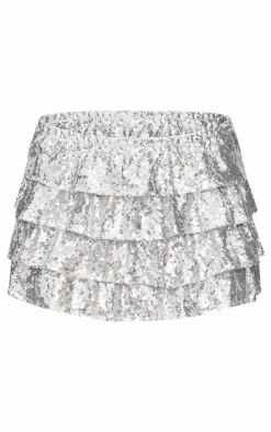 Silver Sequin Frilly Tiered Mini Skirt