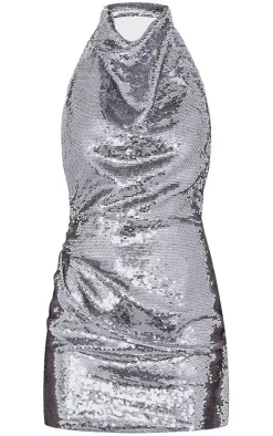 Silver Sequin High Neck Backless Bodycon Dress
