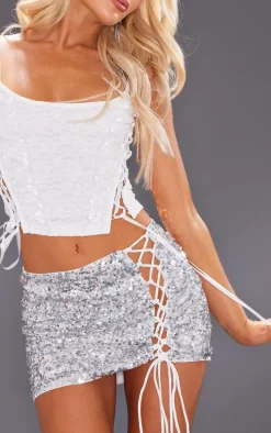 Silver Sequin Lace Up Side Micro Mini Skirt