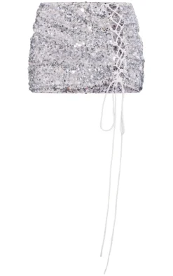 Silver Sequin Lace Up Side Micro Mini Skirt