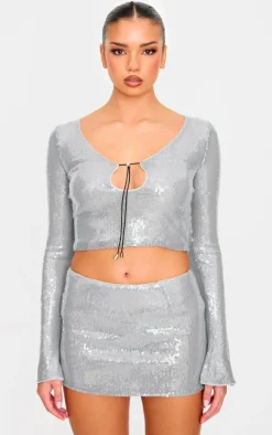 Silver Sequin Long Sleeve Tie Front Top