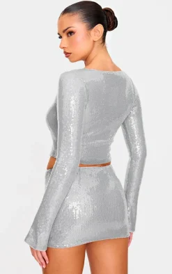 Silver Sequin Long Sleeve Tie Front Top
