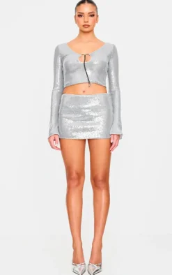 Silver Sequin Long Sleeve Tie Front Top