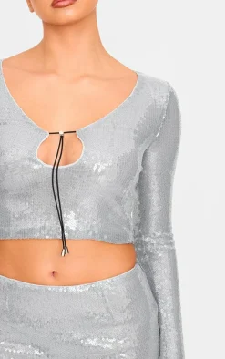 Silver Sequin Long Sleeve Tie Front Top