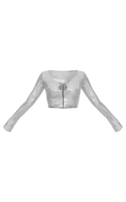 Silver Sequin Long Sleeve Tie Front Top