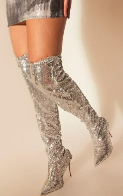Silver Sequin Point Toe Over The Knee Heeled Boots