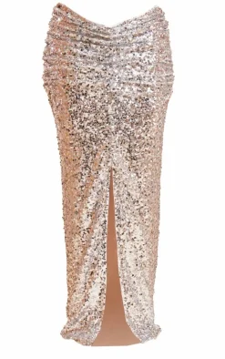 Silver Sequin Ruched Waist Maxi Skirt