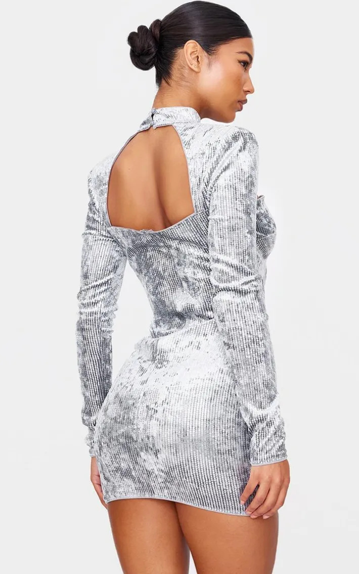 Silver Sequin Underwire Detail Long Sleeve Bodycon Dress