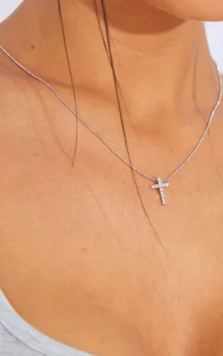Silver Simple Dainty Diamante Cross Necklace