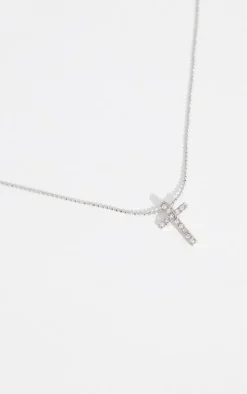 Silver Simple Dainty Diamante Cross Necklace