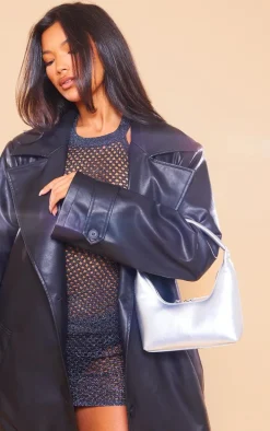 Silver Simple Structured Double Zip Shoulder Bag