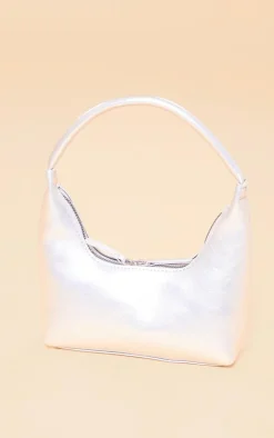 Silver Simple Structured Double Zip Shoulder Bag