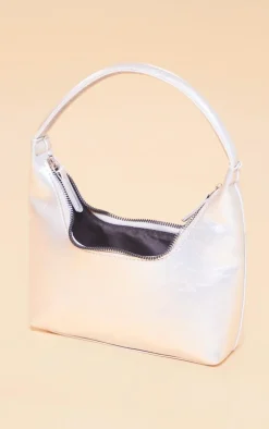 Silver Simple Structured Double Zip Shoulder Bag