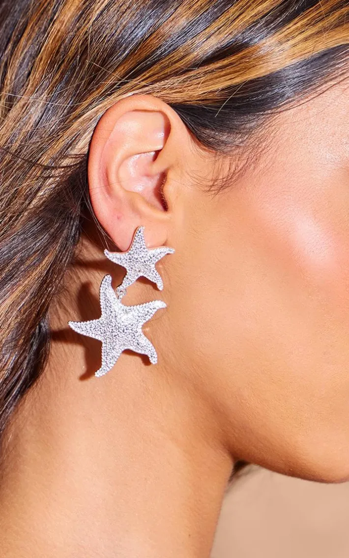 Silver Starfish Detail Drop Stud Earrings