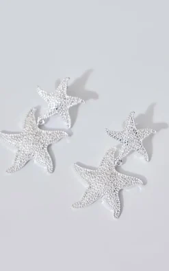 Silver Starfish Detail Drop Stud Earrings